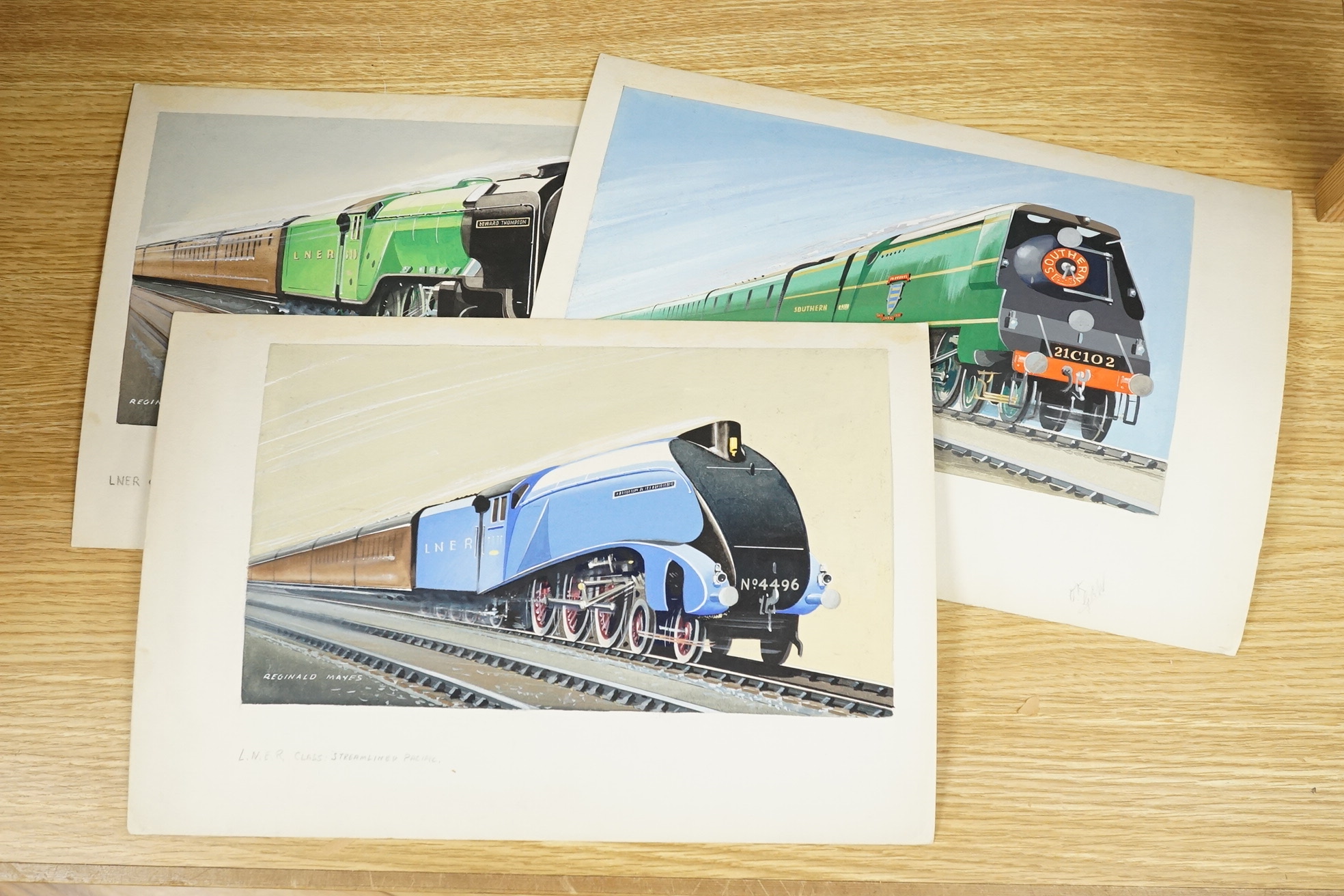 Reginald Mayes, set of three original gouaches for postcard designs, steam locomotives, comprising LNER Class Streamlined Pacific, SR Class West Country and LNER Class A2, each signed, 24 x 34cm, unframed, 24 x 34cm. Con